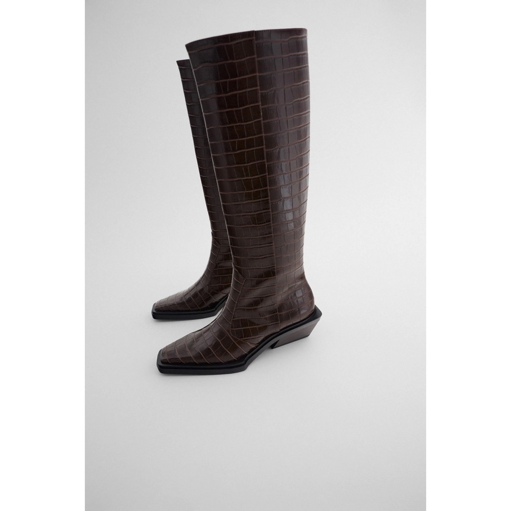 Zara Animal Print Heeled Knee High Boots